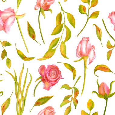 Suluboya kurumuş güller ve pürüzsüz desenler. El yapımı klasik romantik illüstrasyon beyaz arka planda izole edilmiş. Kartlar, dekorasyon, duvar kâğıdı ve tekstil için sonbahar deseni.