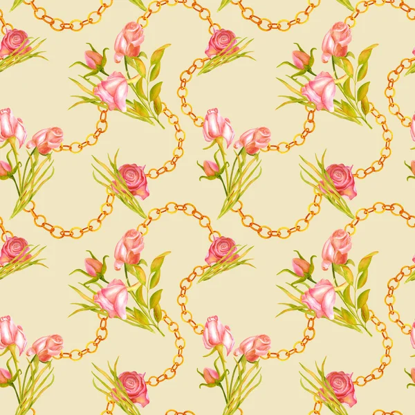 Watercolor vintage seamless pattern with roses and golden chain links. Hand painted dry rose flowers and fall leaves on pastel yellow background. Texture for textile, wrapping paper, cards.
