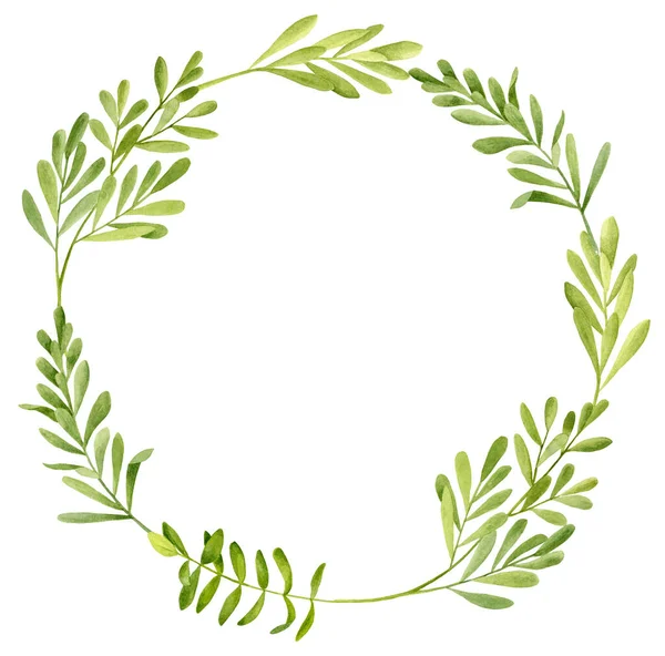 Акварель зеленого листя вінка. Ручний малюнок круглої рамки з рослинами чайного дерева ізольовані на білому тлі. Фарбовані трави для косметики, запрошення, листівка, зберегти дату, весілля, дитячий душ . — стокове фото