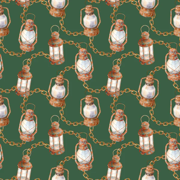 Watercolor vintage seamless pattern. Old lanterns and heavy rusty chains on dark green background. Kerosene lamps with brown chain links. Ttexture design for wrapping paper, decoupage, decoration.