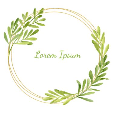 Yeşil yapraklı ve altın elementli dekoratif çerçeve. Elle boyanmış taze çay ağacı bitkileri ve parlak daireler. Tebrik kartı şablonu, düğün, randevu, bebek partisi, davetiye.