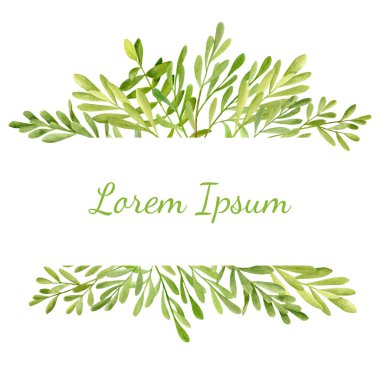 Taze yeşil yapraklı suluboya çerçeve. Beyaz arka planda izole edilmiş çay ağacı bitkisi ile el yapımı geometrik şablon. Davetiye, kart için okaliptüs otu çizimi, tarihi, düğünü, baskıyı kaydet