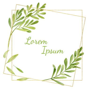 Bitkisel minimalist suluboya çerçeve. El boyası çay ağacı yaprakları, beyaz arka planda izole edilmiş altın çizgili dallar. Davetiye, düğün, poster için yeşil kart şablonu