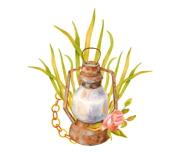 Akwarela stara zardzewiała lampa, złoty łańcuch, jesienne liście i suchy kwiat. Ręcznie malowana kompozycja vintage z latarnią naftową i elementami kwiatowymi izolowanymi na białym tle. Ilustracja steampunk. — Zdjęcie stockowe