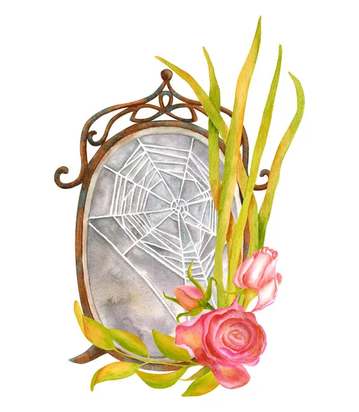 Aquarel oude spiegel met spinnenweb en gedroogde bloemen. Handgetekende herfst vintage compositie geïsoleerd op witte achtergrond. Gotische stijl arrangement voor kaarten, decoratie, print. — Stockfoto