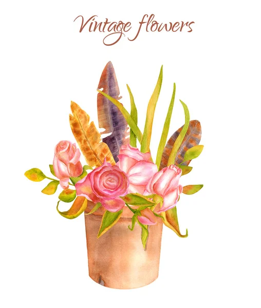 Acuarela de flores con hojas y plumas en maceta. Composición vintage dibujada a mano con rosas rosadas aisladas en blanco. Arreglo de plantas otoñales para tarjetas, carteles, papel decoupage. — Foto de Stock