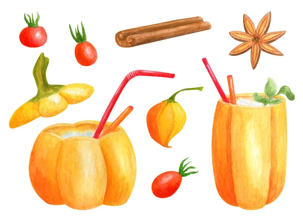 南瓜罐头、肉桂、星形茴香、植物和蔷薇果中的水彩饮料。秋天的鸡尾酒，用的是冰雹棒。手绘可爱的季节性秋天食物元素隔离在白色背景下. — 图库照片