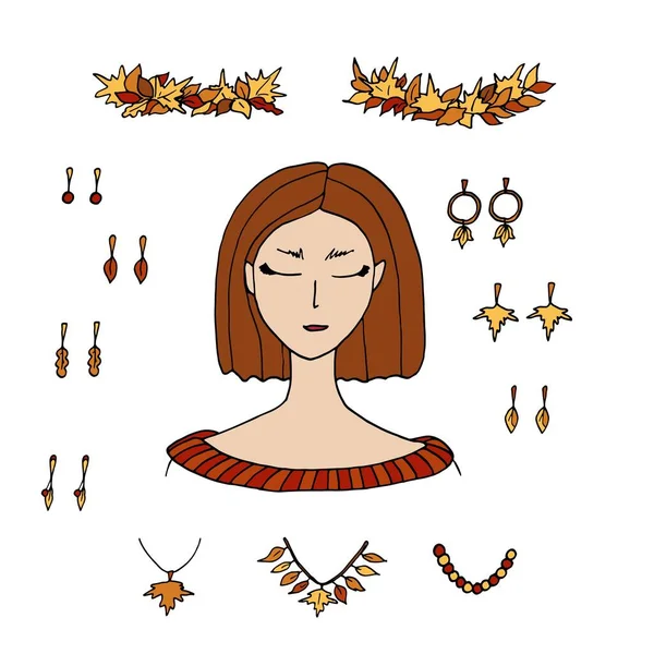 Créateur Mode Automne Jeune Femme Accessoires Automne Avec Des Feuilles — Image vectorielle