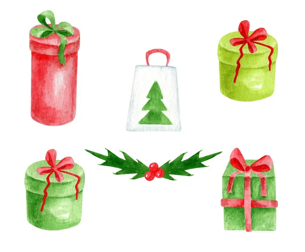 水彩画圣诞礼品盒 手绘色彩艳丽的礼物 色带和冬青叶与白色背景隔离 圣诞晚会 装饰品说明 — 图库照片