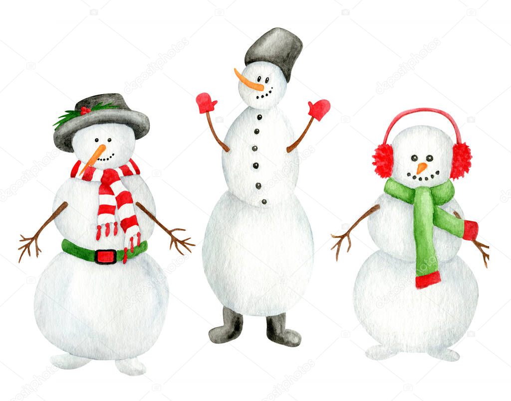 Cute watercolor snowmen set. Hand drawn Christmas illustration with snowman in hat, glows, earmuffs isolated on white background. Winter symbol for New year card, postcard, print, decoration