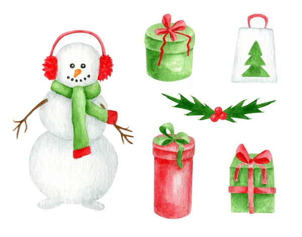 Muñeco de nieve acuarela con cajas de regalo. Ilustración navideña pintada a mano con muñeco de nieve en orejeras con regalos, hojas de acebo aisladas sobre fondo blanco. Símbolo de invierno para tarjeta, decoración. — Foto de Stock
