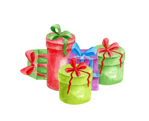 ギフトボックスの水彩ヒープ 白を基調としたリボンでカラフルなプレゼントを手描き クリスマス 誕生日 パーティーのためのボックスイラストの山 — ストック写真