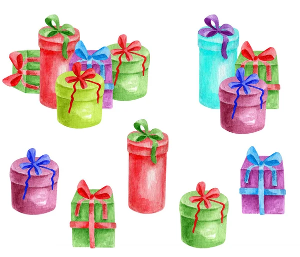 Watercolor gift boxes set. Hand drawn heap of colorful presents with ribbon isolated on white background. Bright boxes illustration for New year, Christmas, Birthday, party