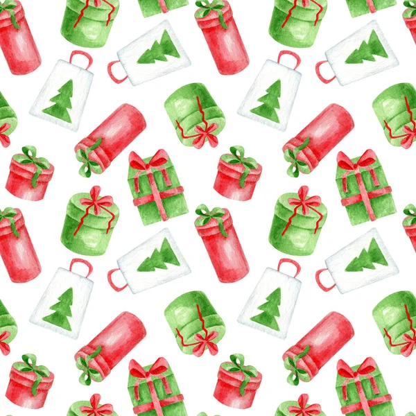 Acquerello colorato rosso e verde scatole regalo di Natale modello senza soluzione di continuità. Regali carini disegnati a mano con fiocco a nastro isolato su sfondo bianco. Illustrazione durante Anno nuovo, avvolgendo, carta. — Foto Stock