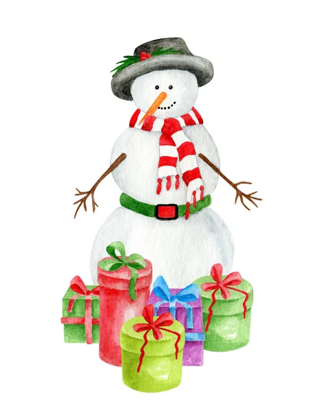 Boneco de neve aquarela com caixas de presente. Ilustração de Natal vintage pintada à mão com boneco de neve em chapéu preto, cachecol e presentes isolados em fundo branco. Símbolo de inverno de cartão de Ano Novo, desenho. — Fotografia de Stock