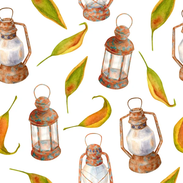 Watercolor old rusty lamps and autumn leaves seamless pattern. Hand drawn kerosene lanterns and dry yellow leaves isolated on white background. Vintage texture for wallpaper, decoupage, textile