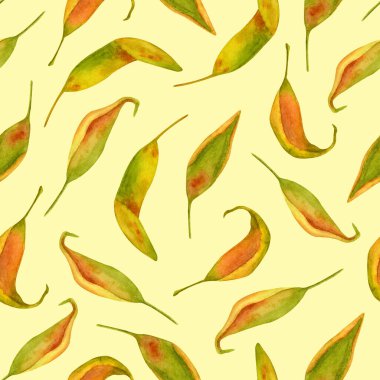 Suluboya düşüşü iz bırakır. Pastel sarı arka planda elle çizilmiş sonbahar yeşilliği. Tekstil, hatıra defteri, ambalaj, davetiye, kart için klasik illüstrasyon.