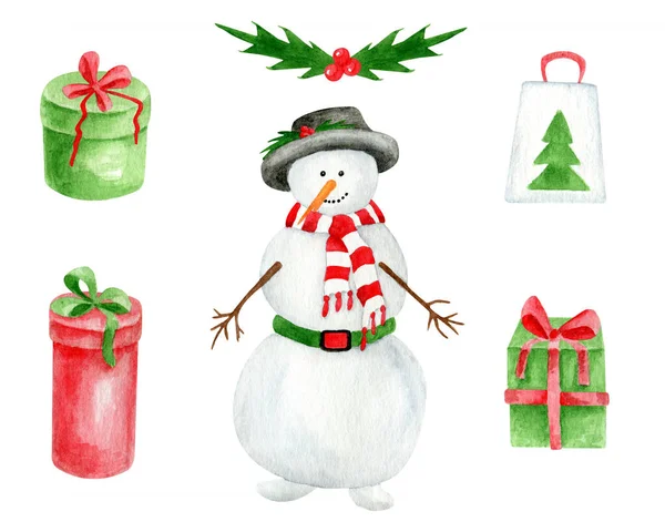 Акварель сніговик з набором подарункових коробок. Ручна пофарбована старовинна різдвяна ілюстрація зі сніговиком у капелюсі та шарфі з подарунками, листя Холлі ізольовані на білому тлі. Зимовий символ . — стокове фото