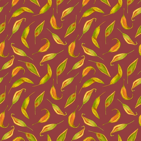 Aquarel herfst laat naadloos patroon. Handbeschilderd droog herfst gekleurd gebladerte op felrode achtergrond. Vintage illustratie voor textiel, scrapbooking, verpakking, uitnodiging, kaart. — Stockfoto