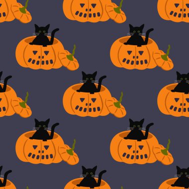 Cadılar Bayramı vektörü kusursuz desen. Mor arka planda oyulmuş balkabağı resimli siyah kedi. 31 Ekim kumaşı ve dekorasyon için hoş, ürkütücü bir sonbahar sezonu tasarımı. Jack-o-fener ve cadı kedi