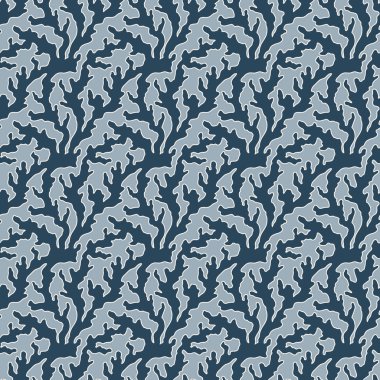 Dark abstract vector seamless pattern. Minimal organic wavy coral branch shapes on blue background. Smooth irregular fluid freeform repeat design for wallpaper, decor, textile. Modern elegant motif