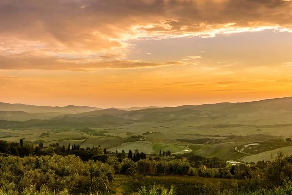 Vista Nocturna Campiña Toscana Desde Volterra Italia — Foto de Stock