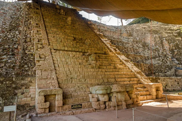 Uitzicht op de Hieroglyphic trap in de archeologische vindplaats van Copan in Honduras — Stockfoto