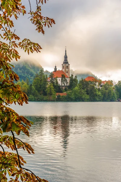 Vista de la Iglesia de la Asunción de Santa María en la Isla del Lago Bled en Eslovenia —  Fotos de Stock