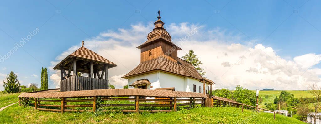 Panoramic view at the Wooden Church of Saint John the Baptist in village Kalna Roztoka - Slovakia
