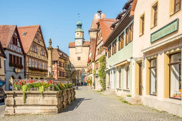 Rothenburg Der Tauber Germany August 2020 Markusturm Tower Rodergasse Street — Stock Photo, Image