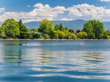 İki paddleboarders göl sahil boyunca seyir