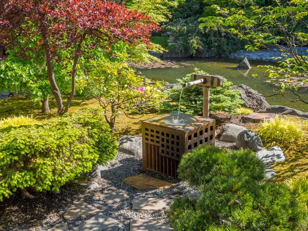 Projeto japonês do jardim com córrego de água e ornamen tradicional — Fotografia de Stock