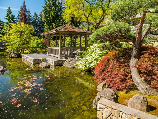 Japanese garden design with water stream and gazebo