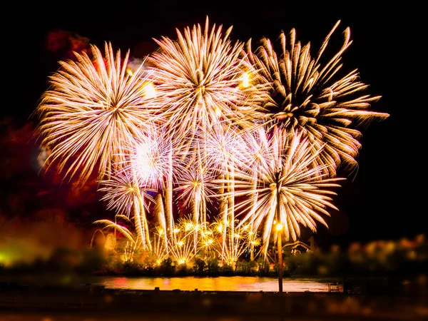 Fogos de artifício coloridos com múltiplas explosões contra o céu escuro — Fotografia de Stock