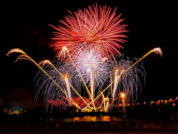 Kleurrijke vuurwerk met meerdere uitbarstingen tegen donkere hemel — Stockfoto