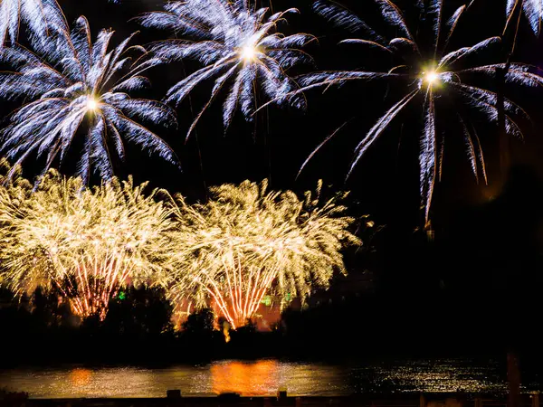 Fogos de artifício coloridos com múltiplas explosões contra o céu escuro — Fotografia de Stock