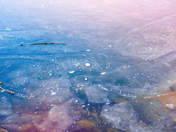 Textura da superfície do gelo com bolhas de ar, galhos de árvores congeladas e — Fotografia de Stock