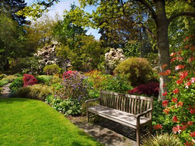 Yemyeşil bahar bitki örtüsü ile çevrili Bahçe tezgah