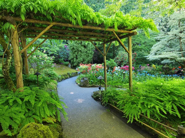 Pergola nad zahradní chodník — Stock fotografie