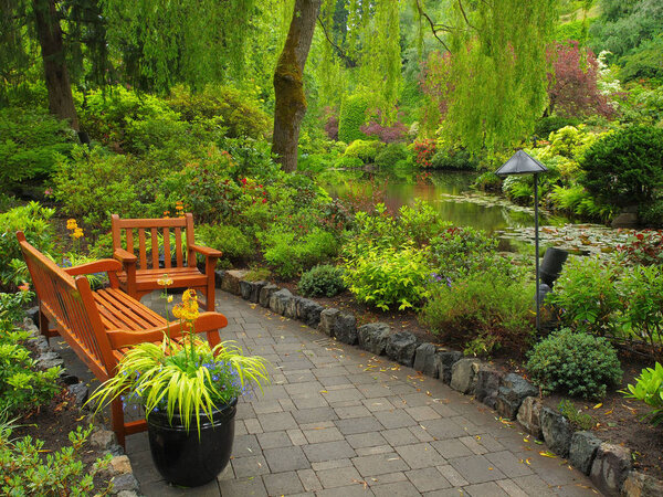Garden benches over the pond