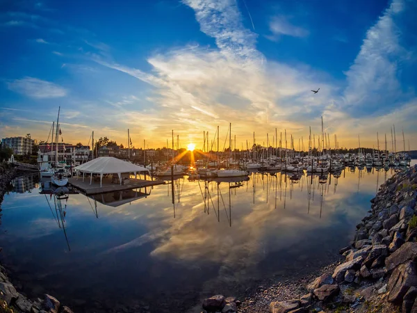 Yachten im Yachthafen bei Sonnenuntergang festgemacht — Stockfoto