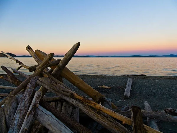 Driftwood Plaży Island View Vancouver Island Czas Zachodu Słońca — Zdjęcie stockowe