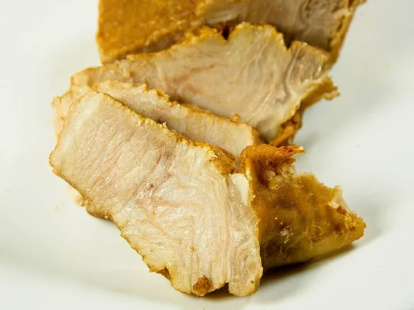 Sliced Cured Pork Belly Blue Knife White Plate — Stock Photo, Image