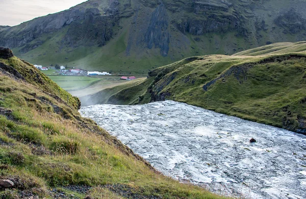 Skogafoss Vattenfallet Island Fantastiskt Det Värt Att Övervåningen Över Mer — Stockfoto