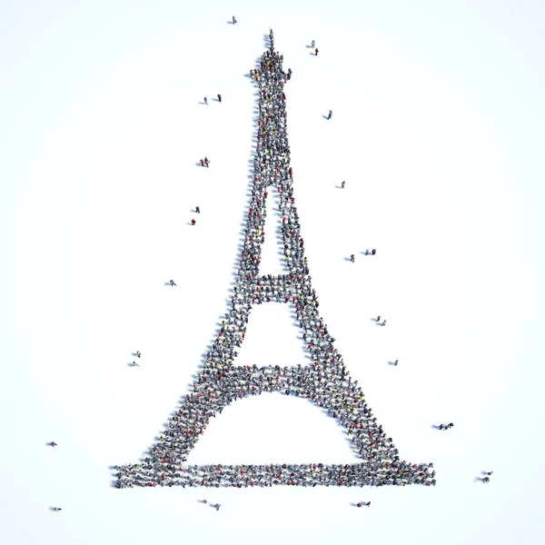 Gran Grupo Personas Forma Torre Eiffel Aisladas Blanco —  Fotos de Stock