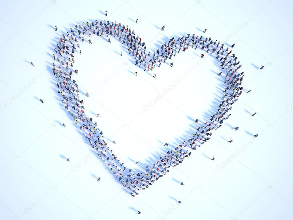 Large group of people in shape of heart, isolated on white 