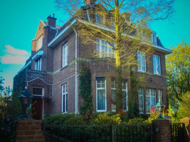 Yeşil ağaçlı modern tuğla ev 