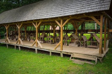 Ormandaki yeşil çimlerin üzerinde ahşap bir çardak.