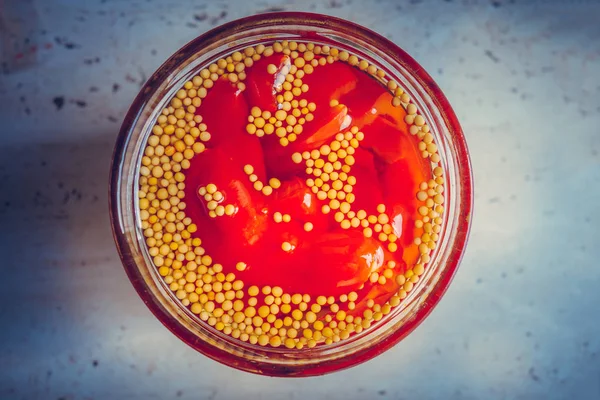 Glass Pickled Tomatoes Peppers — Stock Photo, Image