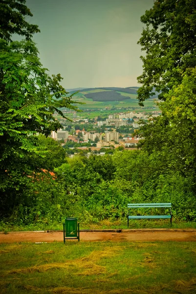 Wooden Bench Green Park Old City Background — Fotografia de Stock